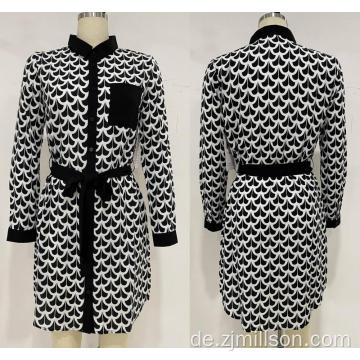 Stand Collar Taillengurt knielange Kleid